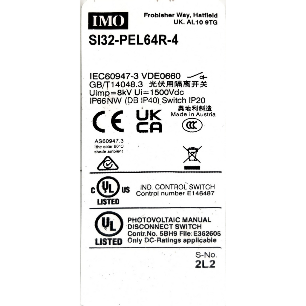 IMO Precision Controls SI32-PEL64R-4 Photovoltaic (PV) DC Isolator / Manual Disconnect Switch