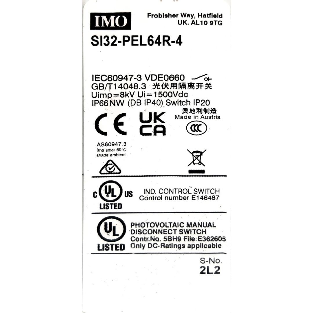 IMO Precision Controls SI32-PEL64R-4 Photovoltaic (PV) DC Isolator / Manual Disconnect Switch
