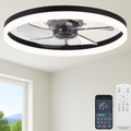 Fszdorj F115 Black Flush Mount LED Ceiling Fan with Light
