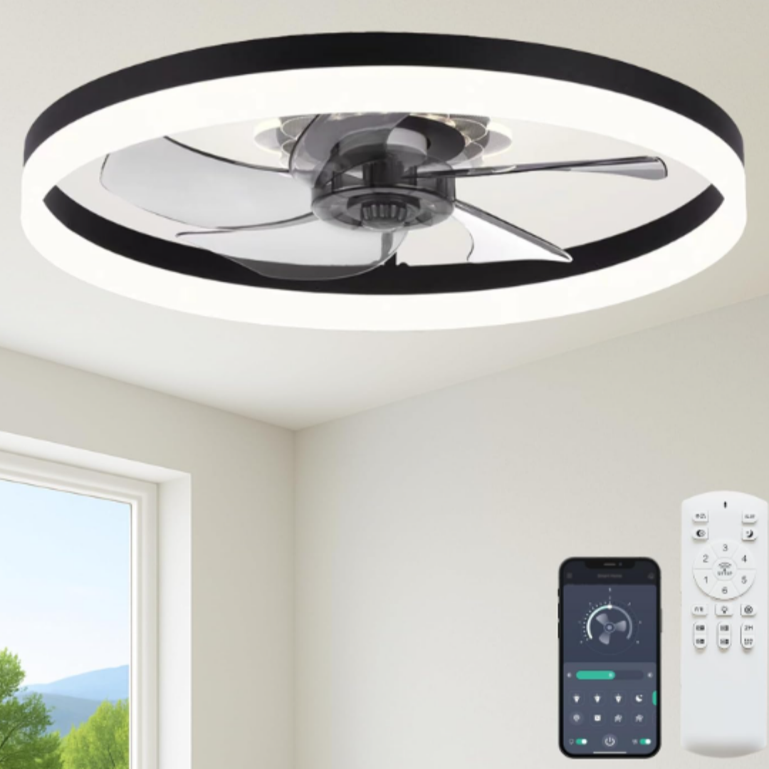 Fszdorj F115 Black Flush Mount LED Ceiling Fan with Light