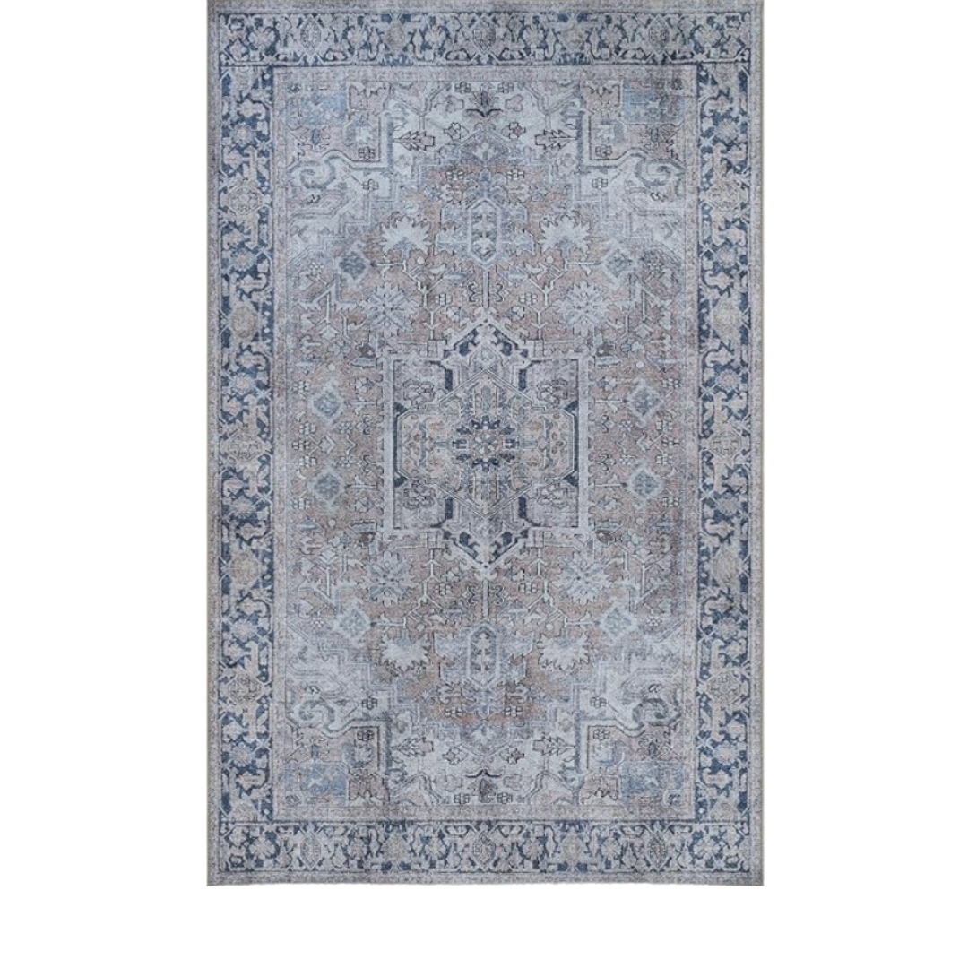 Luria 9 ft x 6 ft vintage distressed Persian-style  Washable Area Rug with thermoplastic rubber backing